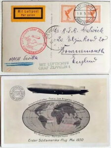 ドイツからスペイン、そしてイギリスへ 1930年 ツェッペリン、SAFフライト航空郵便写真 PPC、元ナットリー