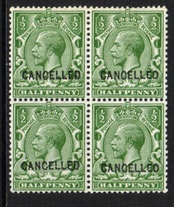 �C�M���X 1912 1/2d OPT.�u�L�����Z���ς݁v�^�C�v 24 �C���` �u���b�N Spec.N14v MNH�B