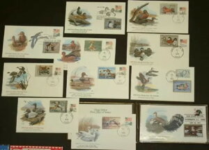 US #RW48-58 1981年から1991年までのバルケによるカシェット付きFDCの完全なシリーズ、11種類