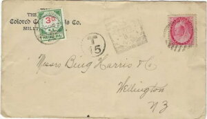 ニュージーランド 1900年 カナダ発 ウェリントン着 封筒 送料3ペンス 12ドル