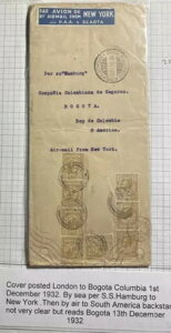 1932年 イギリス・ロンドン発ニューヨーク経由コロンビア・ボゴタ行き航空郵便封筒
