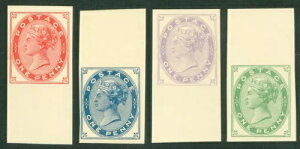 1879 デ・ラ・ルーによる優しいエッセイ。薄い紙に赤、青、紫、緑の 1d 値。