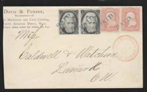 1867年のカナダ西部行きのカバーに載っていたスコット73水平ペアとスコット65シングル2枚