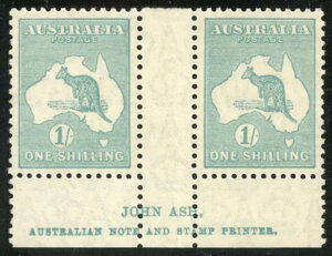 Roo 1/- Acsc 33(3)za~SG40b DIE 2B BLUE GREEN (shades) JOHN ASH IMPRINT PAIR MNH.