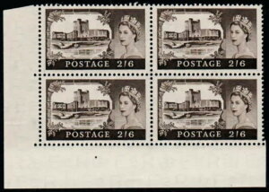 1958�N QEII Castles 1st De La Rue 2s6d Variety �����v���[�g DOT SG 536�ASpec T2b