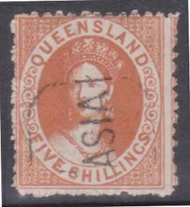 (F289-22) 1860年 AU QLD 5/- イエローオーカー QVIC 切手 (V)