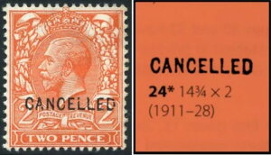 1912-22 KGV ���C�����T�C�t�@�[ 2d �I�����W�I�[�o�[�v�����g�uCANCELLED�v�^�C�v24 SG�X�y�b�N N19t