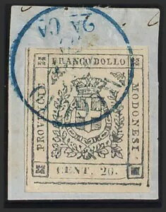 モデナ。断片 イヴェール9a。1859年。ライラックグレー20枚、表紙の断片。消印あり