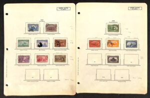 60ページのナリボ紙に収蔵されたアメリカ合衆国の切手コレクション、1893年から1952年の記念切手(DG)