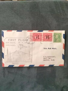1929年 ファーストフライト切手カバー - 航空便 - 2セント&1セント シアトル/タコマ VG