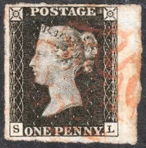 1840 SG2 AS46 1d ブラックプレート 7 赤十字 大きな縁 小さなピンホール (SL)