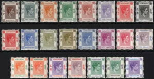 香港-1938-52年 10ドルセット。額装されたミントセット、Sg 140-162、わずかに変色したガム