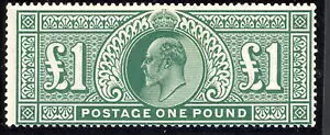 英国切手、1911-13年、エドワード7世SG320-M56、1ポンド、深緑、RPSL証明書