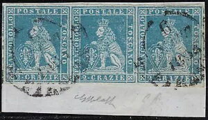 1851-52年 トスカーナ、番号5d - 灰色地に青の2つのクレイジー、断片に3つのストリップ-