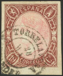 イサベル2世。歯のない時代。使用回数71回。1865年。茶色とピンクの25セント硬貨19枚、ボル