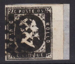 古代サルデーニャ 1851 5セント ブラック II フラグメント証明書に使用。SPL