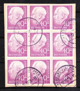 Bund Heuss I、40 Pf Mi. 188 9ブロックパッケージカードセクション、スタンプ付き-
