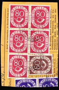 ブント・ポストホーン、80 Pf、Mi. 137 4ブロック+ペンダント。ブランド、刻印入りセクション-