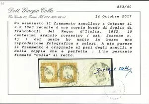 1862年 キングダム V E II 10セント 赤みがかったオレンジのサッシ。1j 使用済みペア 断片-