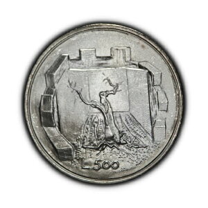 サンマリノ。1976年、500リラ、銀 - 家族、オリーブの木、塔、中庭1