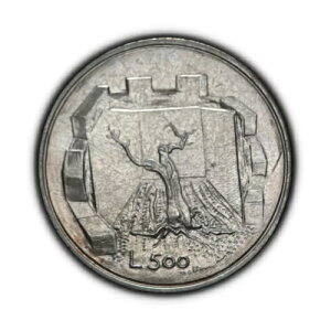 サンマリノ。1976年、500リラ、銀 - 家族、オリーブの木、塔、中庭3