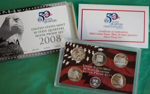 2008年 Sプルーフ ステートクォーター 90%シルバー 5枚セット ステートフッド 25セント 箱と品質証明書付き