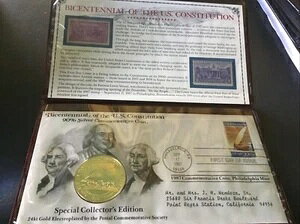アメリカ合衆国憲法200周年記念 FDC ゴールド。90% 銀貨、切手付き。