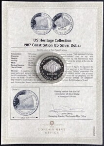 アメリカ合衆国 1987年憲法制定200周年記念 ? シルバープルーフ 1ドル硬貨 ? COAカード