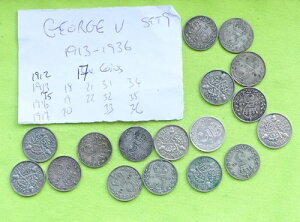 17枚(異なる)3ペンス英国硬貨:1912年 - 1936年 銀貨、ジョージ5世 セット9