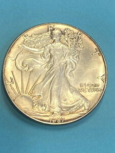 1987年シルバーイーグル。1オンス、純度999%、銀。日付表示、琥珀色のトーンアップ