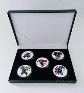 マーベル・スーパーヒーローズ - アイアンマン、スパイダーマン、ソー、ハルクの5枚の銀メッキコインボックスセット
