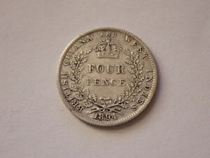 1894年 イギリス領ギアナおよび西インド諸島 ヴィクトリア女王銀貨 4ペンス 状態良好