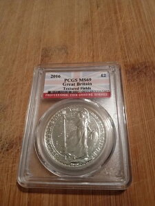 2016年 イギリス ブリタニア、テクスチャード フィールド PCGS MS 69 インチ 1 オンス シルバー コイン。