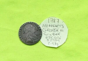 1787年 銀貨 6ペンス ジョージ3世 (1760 - 1820) 2.97グラム ESC1626 (ハートなし)