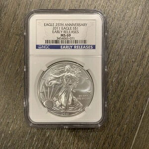 2011�N �V���o�[ �A�����J���C�[�O�� S$1 NGC MS69 �A�[���[�����[�X 25���N�L�O