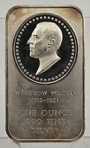 .999 純銀 1オンス アートバー - 大統領カメオ ウッドロウ・ウィルソン マディソンミント
