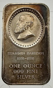 999 純銀 1オンス アートバー - 大統領カメオ ベンジャミン・ハリソン マディソンミント
