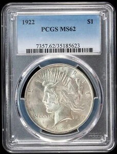 1922�N-P �s�[�X�V���o�[�h�� PCGS MS62 �u�����A���g�A���T�[�L�����[�g