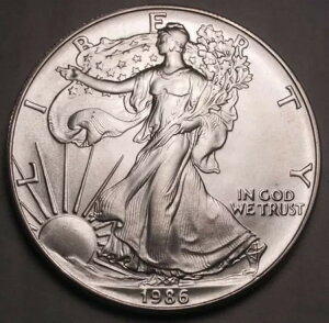 1986年米国イーグル銀貨、初年度、タフナー日付、BU、.999 1オンス銀貨