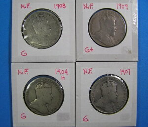 ニューファンドランド 50 セント シルバー 4 枚セット、エドワード 7 世 完全日付セット 1904 年から 1909 年