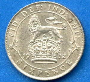 1912年 イギリス 6ペンス銀貨 (2.83グラム 0.925 銀)