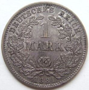 ドイツ帝国銀貨 1マルク 1881年 D UNC-