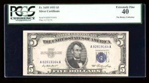 DBR $5 1953 �V���o�[ 1655�N�� AA�u���b�N PCGS XF-40 �V���A�� A82819164A