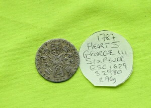 1787年 銀貨 6ペンス ジョージ3世 (1760 - 1820) 2.96グラム ESC1629 (ハート)