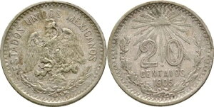 メキシコ 20センタボ 1905年 5g 銀貨 #HD45-