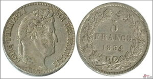 フランス 5フラン 1834 B / ルイ・フィリップ1世 / 24.85 グレース 銀貨 MBC VF+ KM00