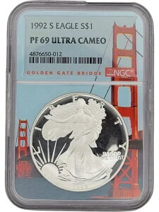 1992年 サウスアメリカン シルバーイーグル NGC PF 69 ウルトラカメオ、ゴールデンゲートブリッジコア