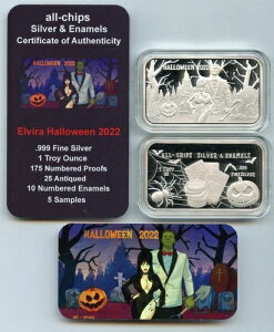 オールチップス ハロウィン 2022 エルビラ 1オンス .999 シルバー プルーフ ライク アートバー COA付き