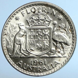1961年 オーストラリア イギリス エリザベス2世 オールドシルバー フローリンコイン 紋章 i110790