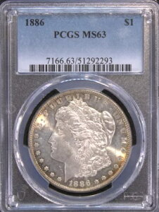 1886年製 $1 PCGS MS-63 モルガン銀貨。魅力的なゴールドトーン!